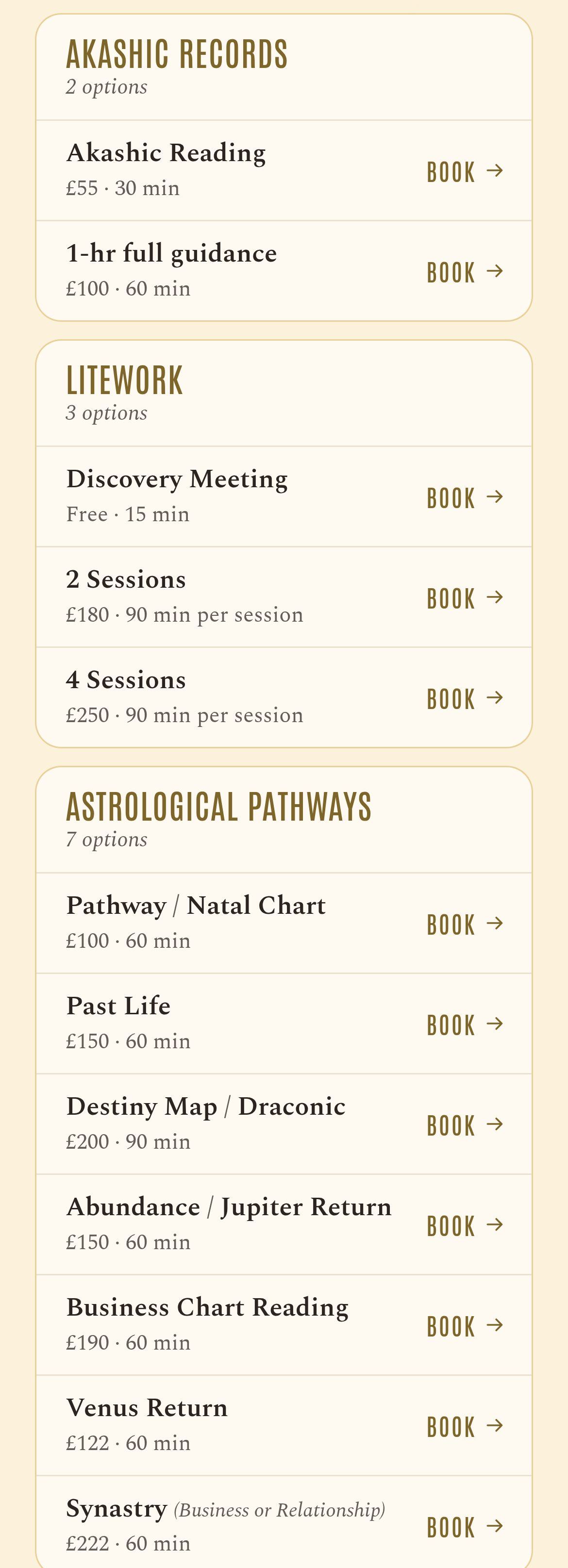 Online booking list: Akashic Records reading £55 for 30 minutes or 1-hour full guidance £100; LiteWork free Discovery Meeting, 2 sessions £180 or 4 sessions £250; Astrological Pathways readings from £100 to £222